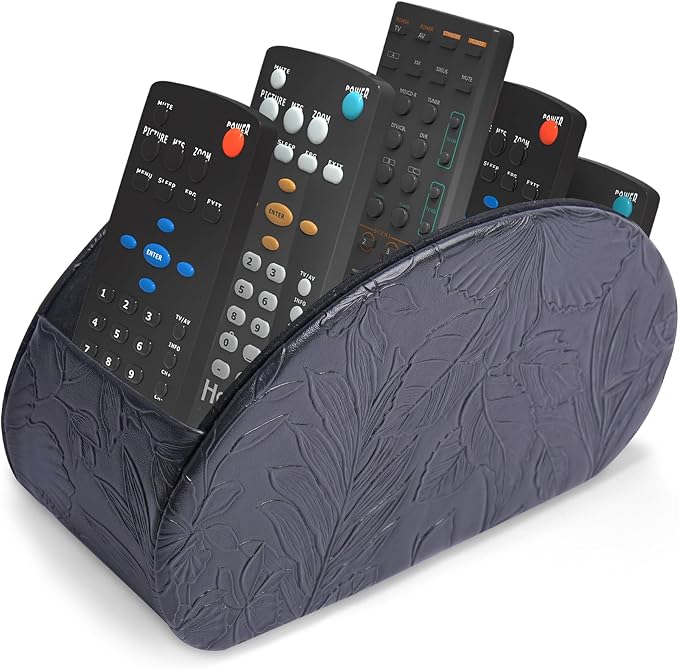 Remote Control Holder, PU Leather Remote Caddy Desktop Organizer with 5 Spacious Compartments for TV Remotes/Media Controllers/Office Supplies (1-Carved Black