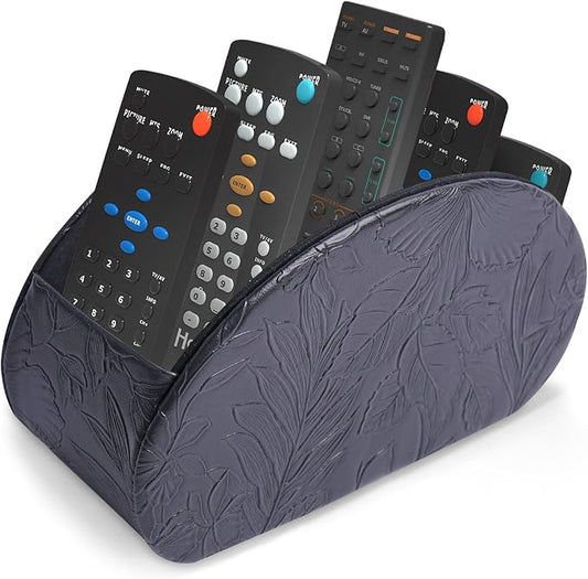 Remote Control Holder, PU Leather Remote Caddy Desktop Organizer with 5 Spacious Compartments for TV Remotes/Media Controllers/Office Supplies (1-Carved Black