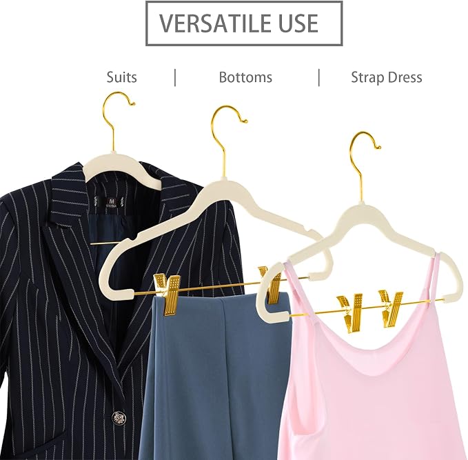 MIZGI Premium Velvet Pants Hangers with Adjustable Clips (Pack of 20) - Slim Skirt Hangers - Non Slip Felt - Ivory/Gold