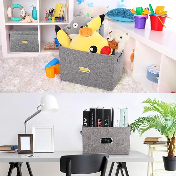 Large Linen Fabric Foldable Storage Bins with Removable Lid and Handles, Washable Storage Box Organizer Containers Baskets Cube with Cover for Bedroom,Closet,Office (Khaki, Large(2-Pack))