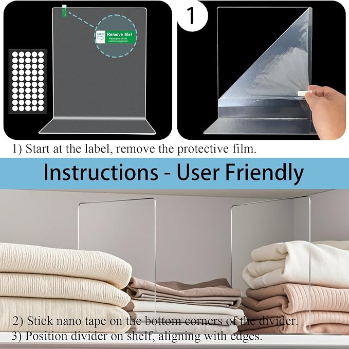 Acrylic Shelf Dividers Closet Organizers for Home Organization Enthusiasts | 12" Tall Sturdy Clear Closet Shelf Dividers for Clothes Purse pantry Separators in Bedroom Kitchen Office Shelf Space Saver
