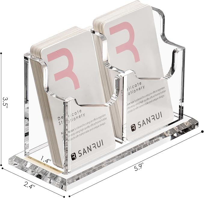 SANRUI Vertical Business Card Holder for Desk，Clear Acrylic Business Card Display Stand，2 Slots 1 Tier ，Holds 100 Cards