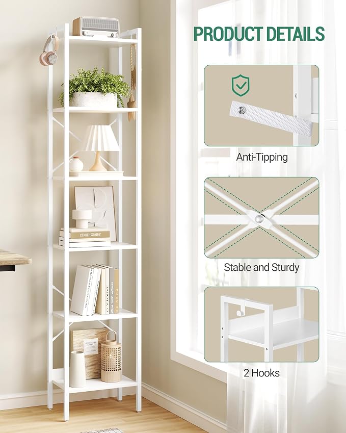 Hzuaneri Bookshelf, Book Shelf, Industrial Bookcase with 2 Hooks, Coner Shelf Storage Organizer for Home Office, Living Room, Bedroom, Kitchen, 6-Tier White BC10713W