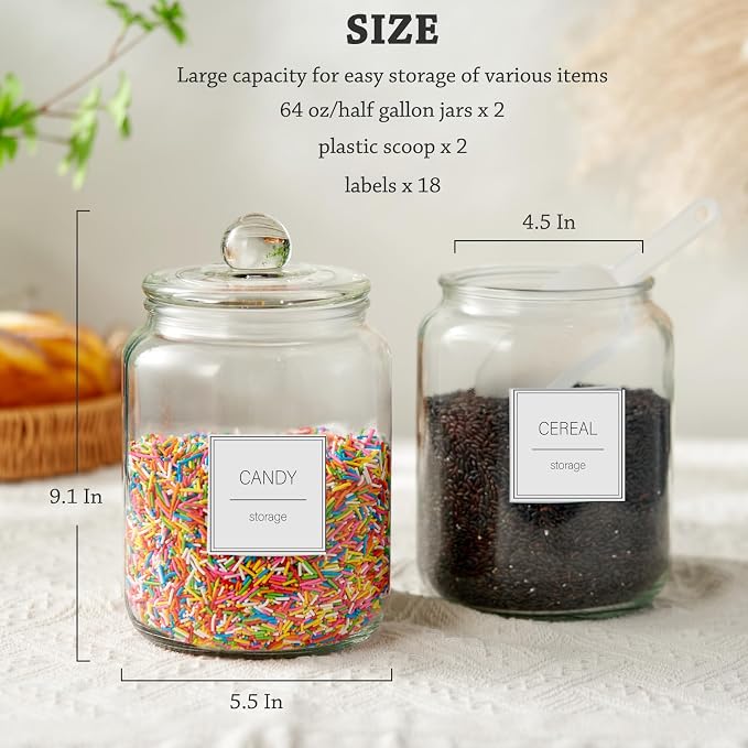 FyndraX Half Gallon Large Glass Jars with Lids, Airtight Storage Clear Containers for Cookie, Candy, Flour, Sugar, Coffee, Food Organization Canisters for Kitchen, Laundry Room and Pantry, Set of 2