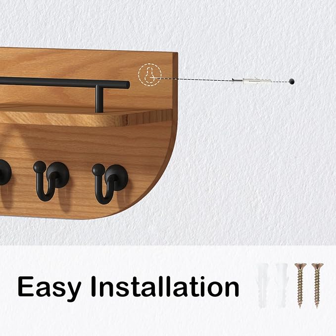 Modern Decorative Key and Mail Holder with 2 Floating Shelves, Wood Wall Mounted Key Organizer with 3 Metal Hooks for Home Entryway, Brown