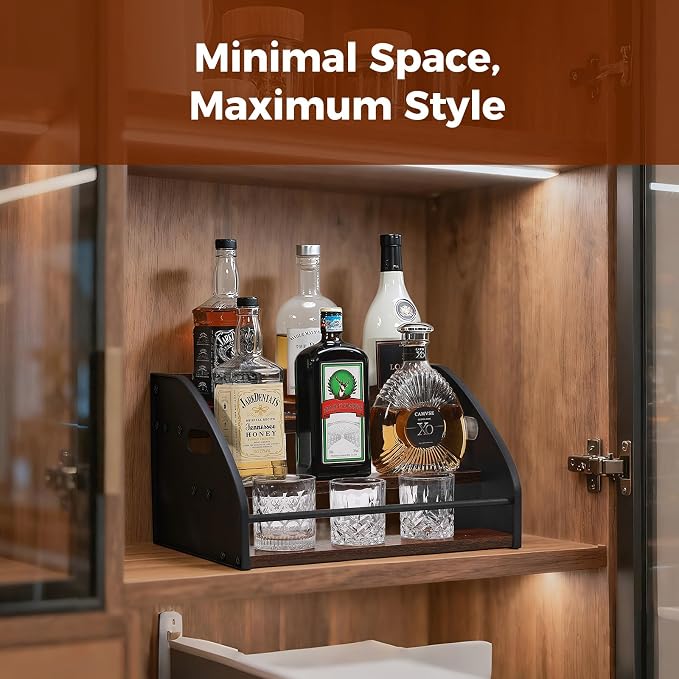 Liquor Bottle Display Shelf, Coffee Syrup Rack Organizer with Metal Hand, 3 Step Countertop Liquor Wine Rack, Mini Bar, Liquor Cabinet, Home Retro Bar Shelf Stand for Liquor Whiskey, Bourbon, Spirits