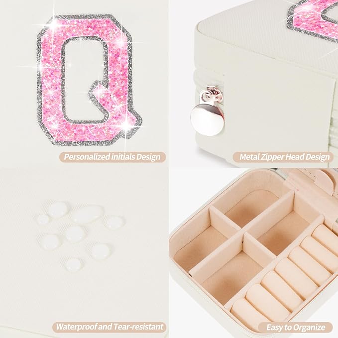 Uygafly Personalized Jewelry Case for Women Girls - Fashion Mini Jewelry Boxes - Trendy Travel Jewelry Organizer with Initials Letter - Teen Gifts | Cream,Q