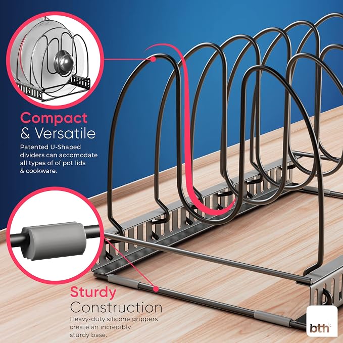 Better Things Home 7.5” Wide 6-Slot Adjustable Large Pan and Pot Lid Organizer with Scratch-Free Pads, Single Large Rack with 6 Adjustable Dividers, Cutting Boards, Baking Sheet, Inside Cabinet