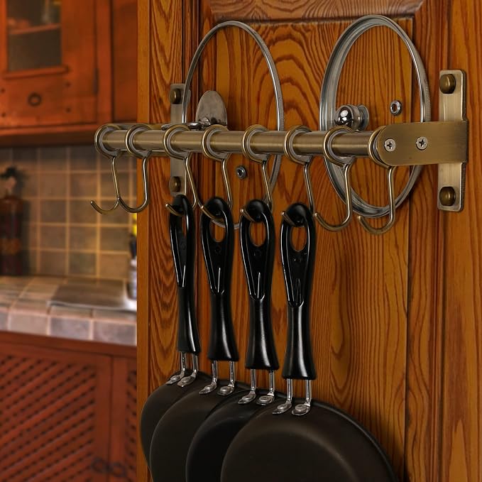 DSEAP Pot Rack - Pots & Pans Hanging Rack with 8 Hooks, Double Bars, Wall Mounted, Bronze, Pack of 2