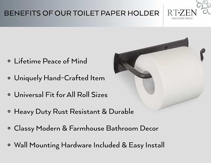 RTZEN Bathroom Toilet Paper Holder - Handcrafted Rustic Wrought Iron Wall Decor Toilet Roll Holder - Black Matte Wall Mount Bar for Modern Farmhouse Bathroom Decor