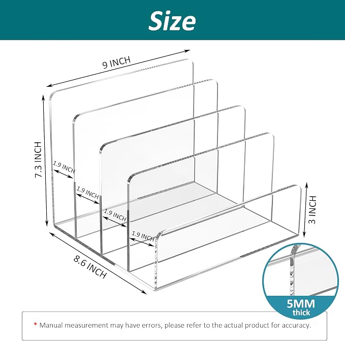 Sezanrpt Acrylic File Holder 4 Compartment, Clear Desk File Organizer, Acrylic Organizer for Books, Phone, Ipad, Envelope, Notebook, Calculator