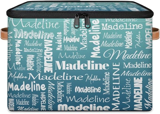 Custom Storage Basket with Name, Personalized Keepsake Box with Zipper Lid, Foldable Fabric Memory Bin Large capacity with Handle Gradient Grey Green