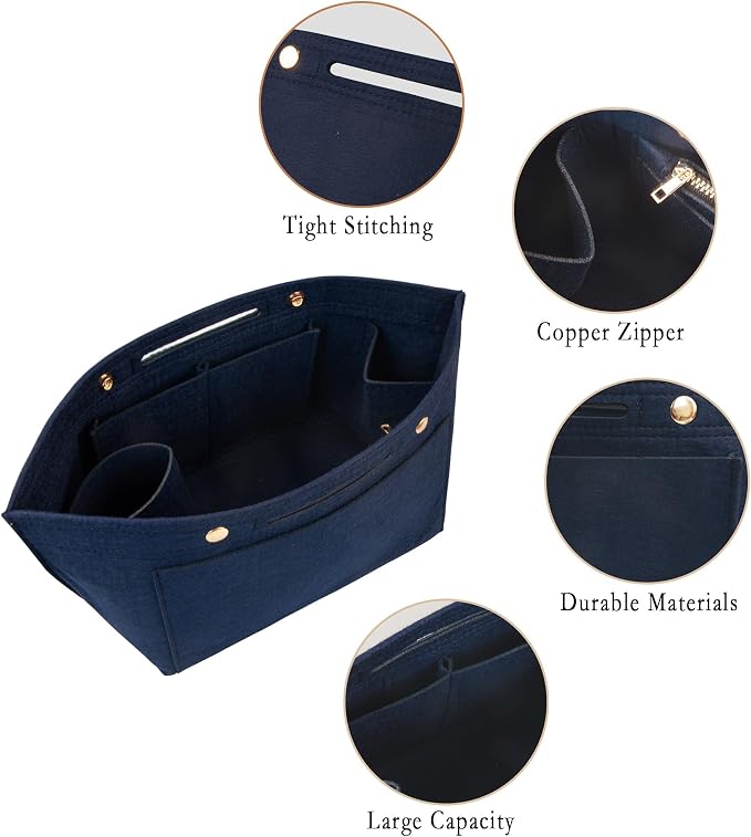 Vercord Purse Organizer Insert for Long champ Felt Organizer Insert with Zipper Handbag Insert Tote Shaper Storage Bag Navy Blue S
