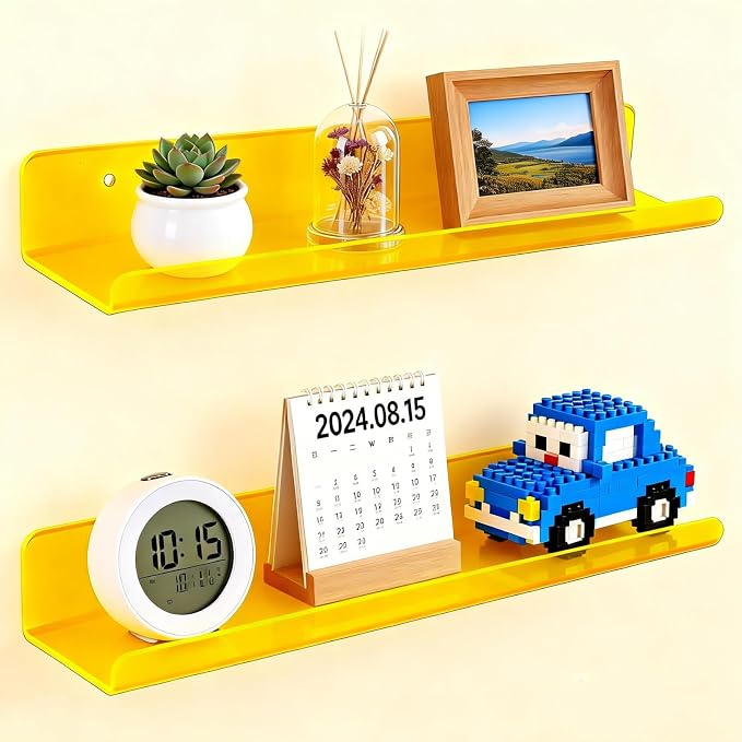 ROYALITA 2-Pack Acrylic Shelves Wall Mounted, 17 Inch Display Shelves | for Small Items Plants Organize Wall Shelves for Gaming Room, Bedroom, Living Room, Office, Yellow