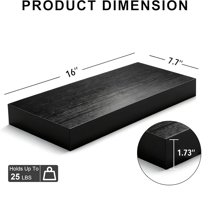 Floating Shelves for Wall,Over The Toilet Storage Cabinet-Set of 2 Black 16 Inch.Wall Shelves for Bathroom,Bedroom,Living Room,Kitchen-Modern Helf Display Organizer&Decor(Black,2pc)