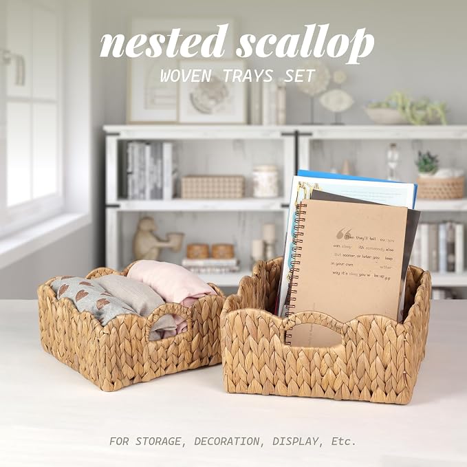 Scalloped Baskets (Natural-Set of 2) Basket Living Room Organizer, Water Hyacinth Baskets For Decor, Woven Basket for Bathroom, Bedroom, Laundr (2, Light Brown)