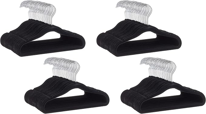 Amazon Basics Kids Space Saving Velvet Non-Slip Clothes Hangers with Shoulder Notches for Infant and Toddler, 11.6", Black, 50 Count (Pack of 4)