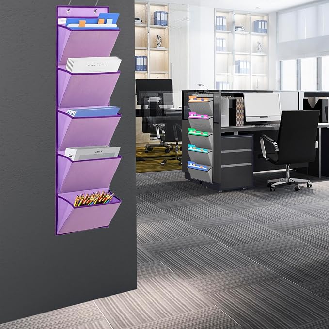 Wall Mounted Hanging Mail Organizer Back to School Paper Organizer File Holder for Classroom Office Organization (5 POCKETS-PURPLE)