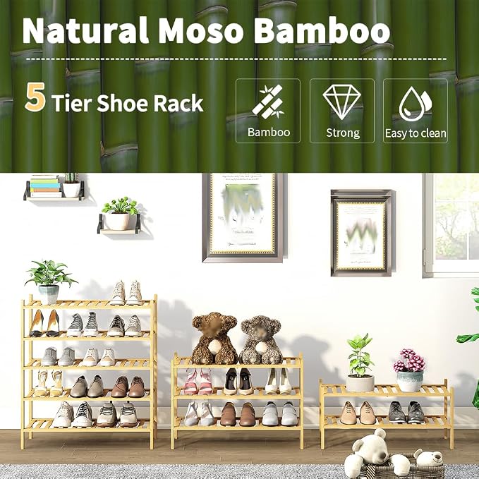 5-Tier Bamboo Shoe Rack for Entryway, Stackable | Heavy Duty | Multi-Function, Free Standing Shoe Racks for Bedroom Hallway Closet