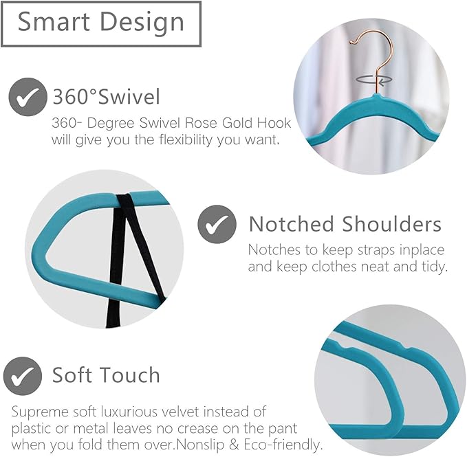 MIZGI Premium Velvet Hangers (50 Pack) Heavy Duty - Non Slip Felt Suit Hangers Teal/Turquoise - Rose Gold Hooks, Space Saving Clothes Hangers