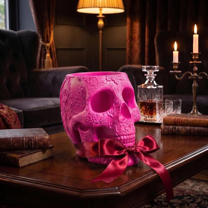 Skull Makeup Brush Holder, Pen Holder, Vanity, Desk, Office Organizer, Stationary, Decor Planter, Candy Bowl, Goth Decorations, Extra Large, Skulls Gothic Skull & Bones Organizer Bathroom (Pink)