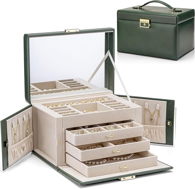 VLANDO Jewelry Box for Girls, 4-Tier Jewelry Organizer with Lock, Mirror Jewelry Box for Earring, Ring, Necklace and Bracelets - Green