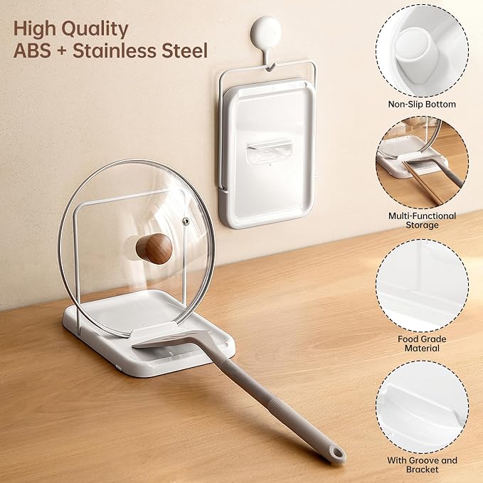 PAVSTINE Pot Lid Holder with Spoon Rest, Foldable, White | Foldable for Compact Storage, Nonslip Pads Prevent Sliding, Holds Lids & Cooking Utensils, Fits Kitchen Counter & Stove Top