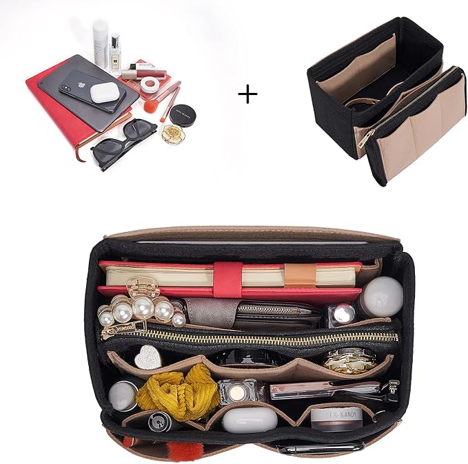 Vercord Felt Organizer Insert For Purse Handbag Tote Bag In Bag Inside Shaper Divider Neo Black & Beige Medium