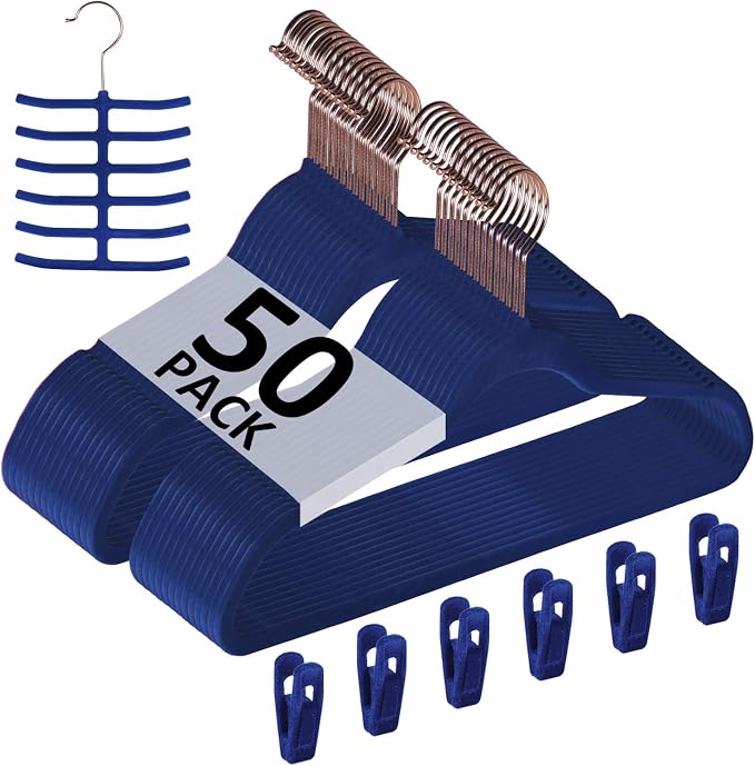 VECELO Premium Velvet Clothes Hangers Suit Heavy Duty (50 Pack)-Non Slip & Space-Saving with 6 Finger Clips & Tie Rack Excellent for Men and Women,Dark Blue