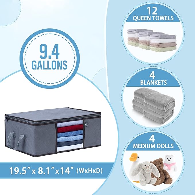 VENO 3 Pack Medium Clothes Storage Bag Organizer with Reinforced Handle, Thick Container Bins for Blankets, Comforters, Bedding, Foldable with Sturdy Zipper, Clear Window, Grey, Reusable (9.5 Gallon)