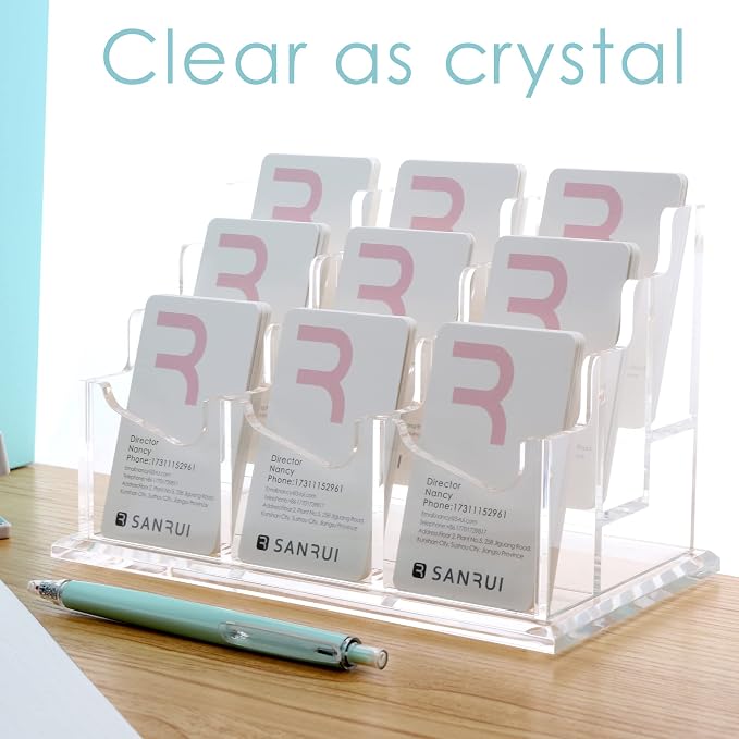 SANRUI Vertical Business Card Holder for Desk，Clear Acrylic Business Card Display Stand，9 Slots 3 Tier ，Holds 450 Cards