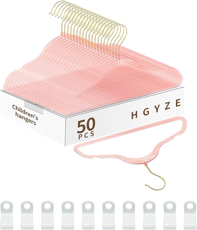 50pcs Slim Clear Toddler Hangers with 10 Connector Hooks for Kid's Closet | Swivel Golden Sparkling Baby Clothes Hangers with Gold Glitter for Infant Coat Outfit, Pink Perchas for Children Gril Nursery