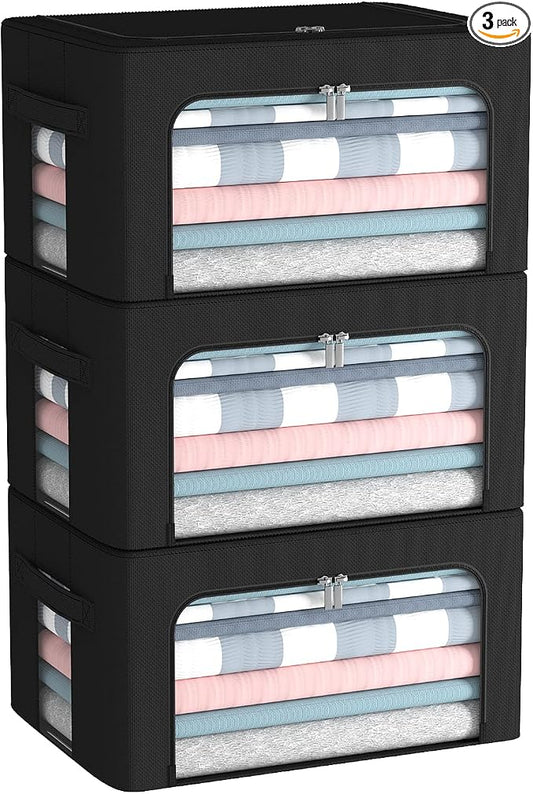 CYhom 3Pack Frame Storage Box - Clothes Storage Bin Bags Oxford Fabric Foldable Stackable Container Organizer Set with Clear Window & Carry Handles (Black, Small-22L)