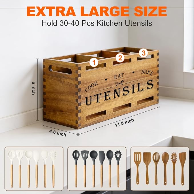 Large Acacia Wood Cooking Utensil Holder for Kitchen Spatula Spoon Holder | Wooden Utensil Organizer Countertop Kitchen Utensil Crock Tool Holder Rustic Silverware Caddy Country Kitchen Counter Decor