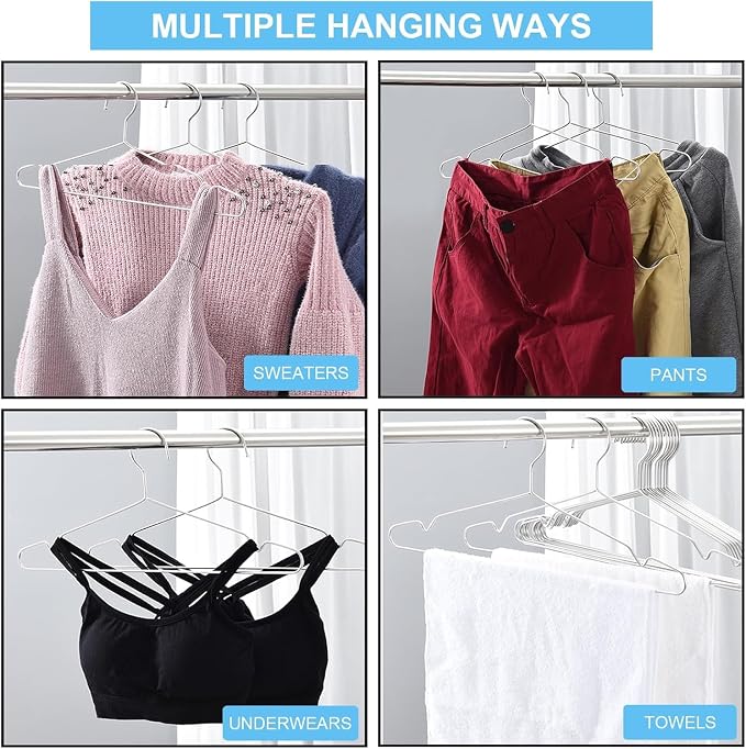 Hangers 100 Pack Clothes Hangers, Non Slip Coat Hanger Clothing Hanger Heavy Duty Metal Wire Hanger, Space Saving Ultra Thin Stainless Steel Skirt Suit Pants Hangars 16.5 Inch
