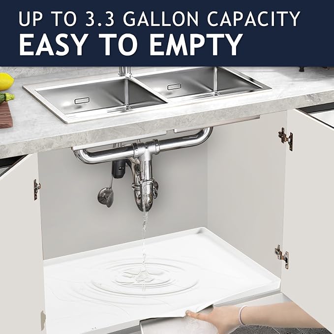 Premium Under Sink Mats for Kitchen Waterproof 34" x 22", Extra Thick Non-Slip Silicone Under Sink Liner Drip Tray, Raised Edge Under Sink Cabinet Mat,Prevent Drips, Leaks, Spills,White