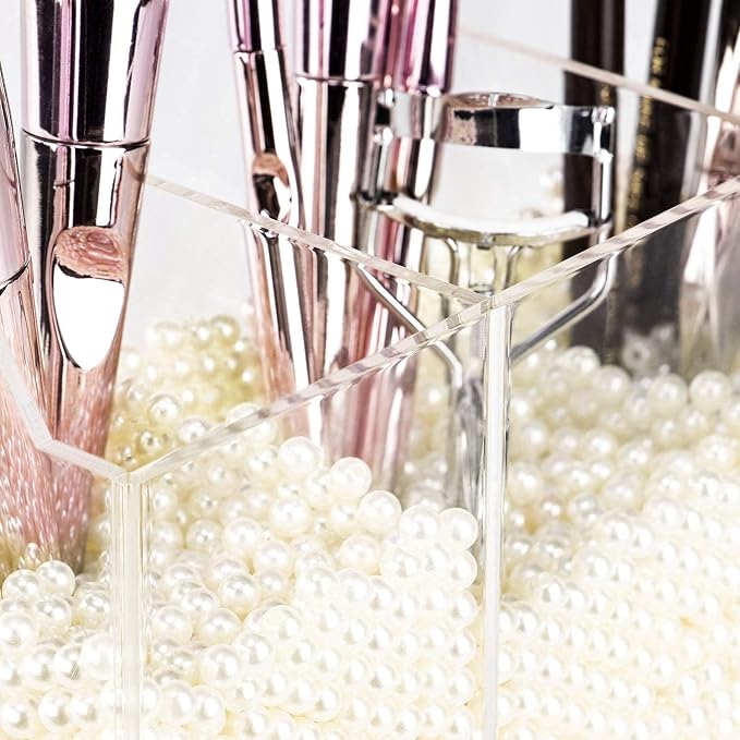 YestBuy Clear Makeup Brush Holder, Acrylic Makeup Brush Organizer For Vanity, Cosmetic Brush Storage Box with Pearls, For Bathroom, Bedroom, Vanity Countertop