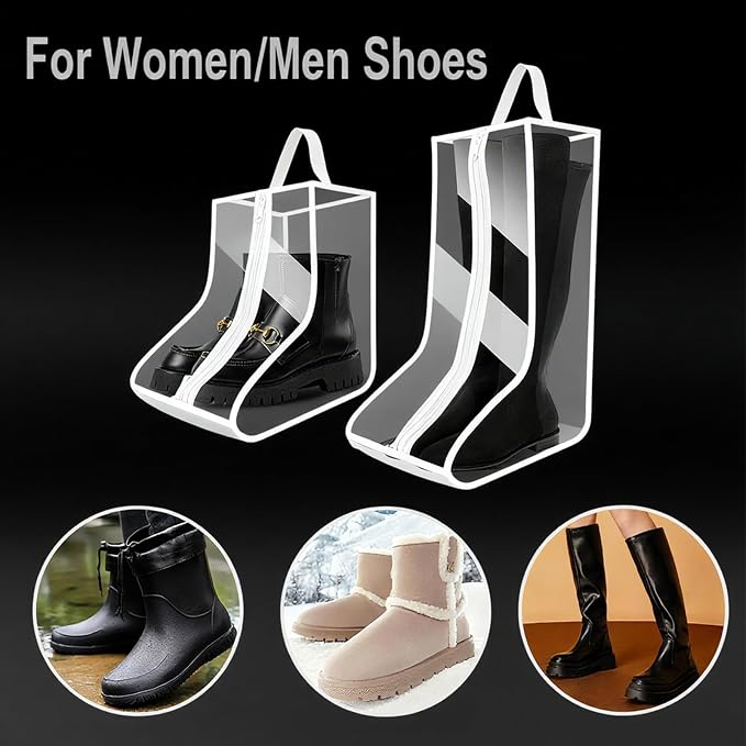 Clear Boot Bags for Cowboy Boots Tall Boot Storage Organizer with Handle Transparent Shoe Dust Covers for Travel Riding Leather & Snow Boots (White-4Big)