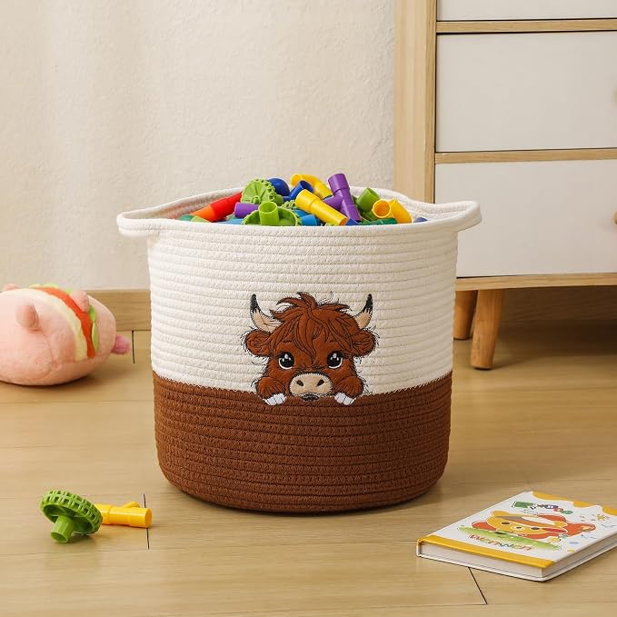 Highland Cow Cute Basket for Nursery, Woven Cotton Rope Storage Basket for Kids, Baby Blanket Organizer with Handles, Storage Basket for Blanket Towel Toys Clothes, Highland Cow Decor, Medium