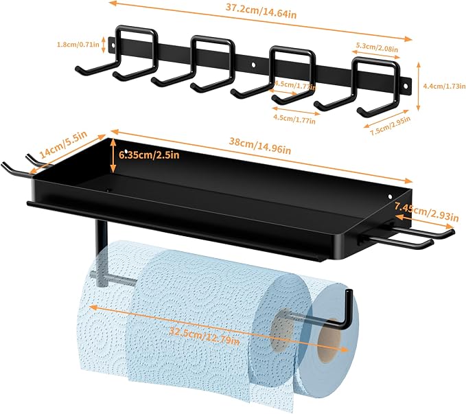 SUNTECH Garage Paper Towel Holder with Tool Hanger Wall Mount, Black | Solid Iron, Rust-resistant Finish, Fits Jumbo Rolls, Includes 15-inch Garage Wall Organizer, for Garage, Shop, Kitchen, RV