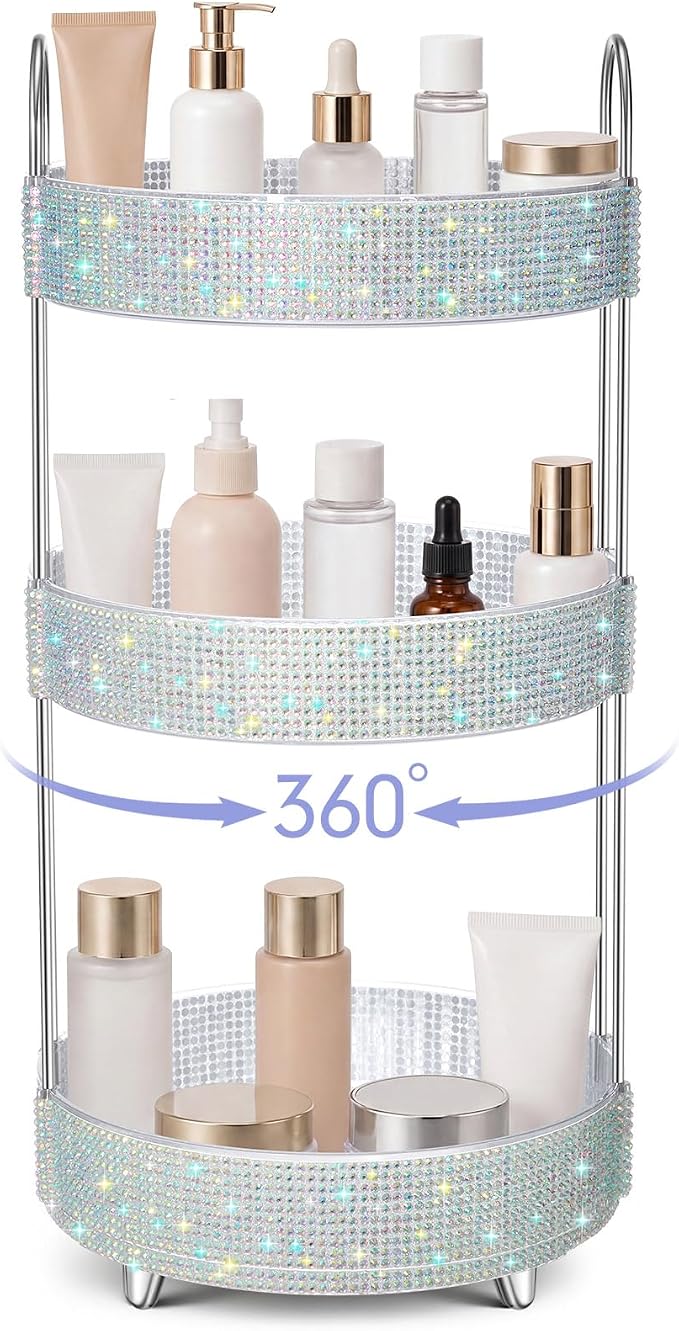 Honeydak 360 Rotating Perfume Organizer Gift for Women, Rhinestone Preppy Skincare Organizer Bathroom Counter Makeup Holder Skincare and Perfume Storage for Cosmetic(3 Tiers,Resin Diamond,AB Color)