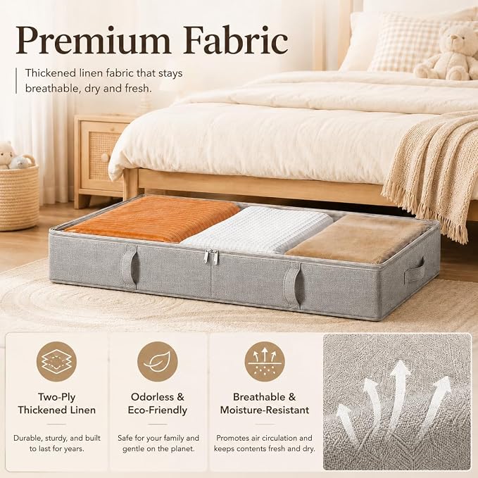 Vailando Storage Containers, 8 Inches Tall 80L Underbed Storage Bins with Sturdy Handles and Sidewalls, Closet Organizer for Clothes, Blankets, Seasonal Items, Light gray, 2-Pack