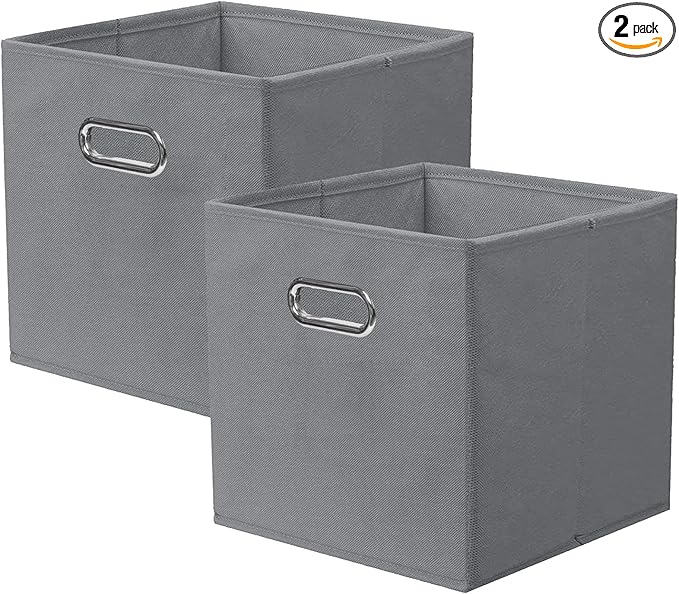 ShellKingdom Storage Bins, Foldable Fabric Storage Cubes And Cloth Storage Organizer Drawer with Metal Handle For Closet And Toys Storage, 11 X 10.5 X 10.5 INCH, 2 Pack (Grey)