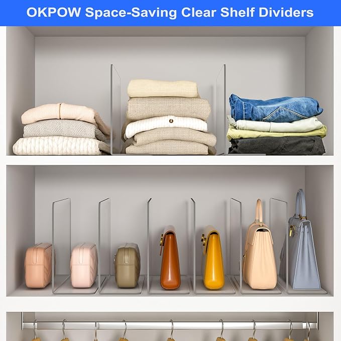 OKPOW Shelf Dividers Closet Organizer - 7.5" Tall X 11.8" Deep Acrylic Clear Sturdy Separate for Clothes Purse - Adjustable Space Saver Easy Install for Home Organization Enthusiasts 4 Pack