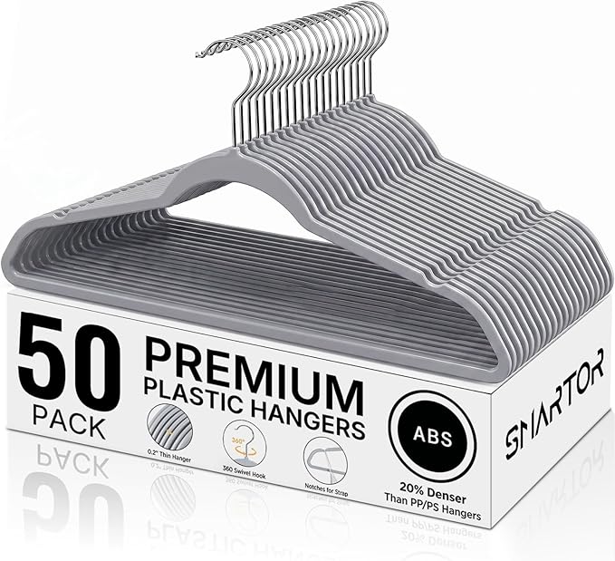 SMARTOR Plastic Hangers 50 Pack, Thin Hangers with 360° Swivel Hook | Non-Velvet Hanger Heavy Duty Clothes Holders for Closet - Durable Adult Hanger, Space Saving Hangars - Gray
