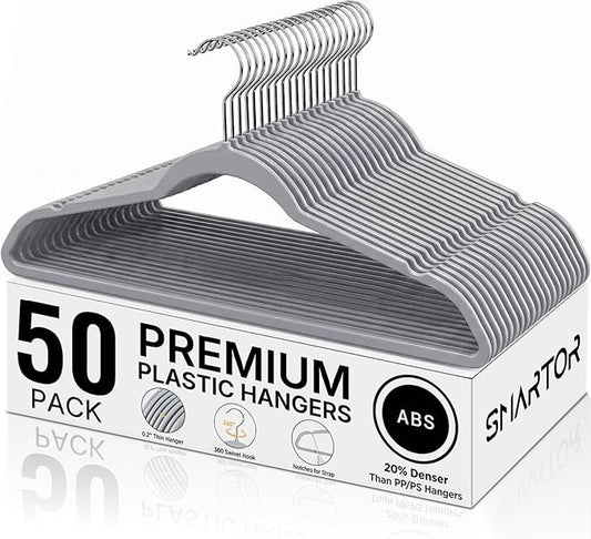 SMARTOR Plastic Hangers 50 Pack, Thin Hangers with 360° Swivel Hook | Non-Velvet Hanger Heavy Duty Clothes Holders for Closet - Durable Adult Hanger, Space Saving Hangars - Gray