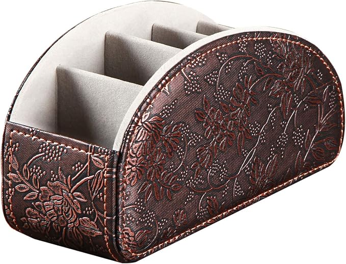 Leather Remote Control Holder,Universal TV Remote Organizer with 5 Compartments,Desktop or Bedside Table Organizer for DVD,Blu-Ray,Gaming and Streaming Remotes,Glasses and Accessories(Antique)