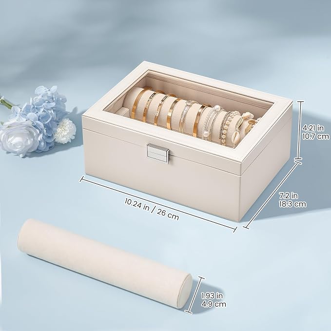 Lolalet Bracelet Display Holder with Rods for Bangles Watches, Clear Lid Jewelry Organizer Box Storage Case for Women Girls -Beige, 2 Rolls
