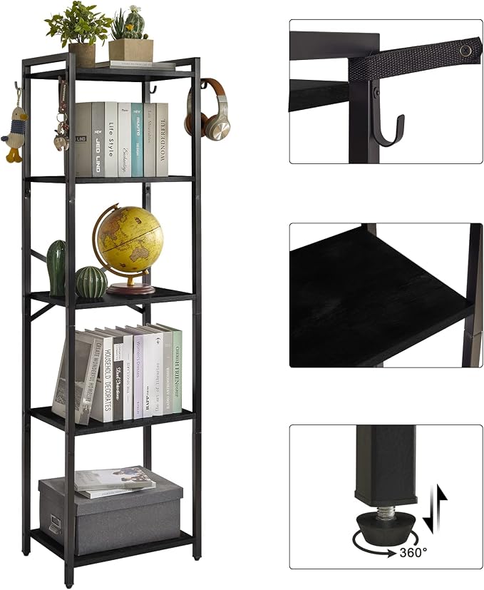 YMYNY Bookshelf, 5-Tier Ladder Shelf Organizer, Narrow Shelving Unit, Corner Storage Racks, Large Capacity Bookcase, for Home Office Living Room Balcony Bathroom, 57.7" H, Metal Frame,UHBC005B
