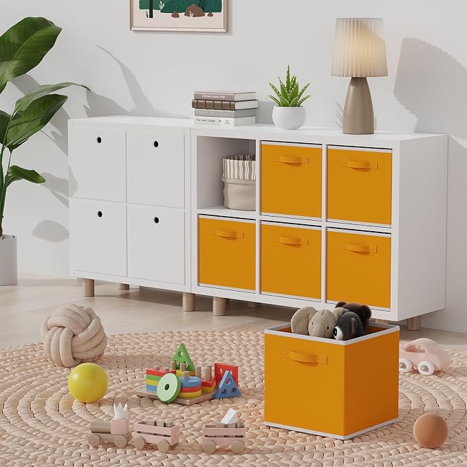 MAX Houser Fabric Cloth Storage Bins,Foldable Storage Cubes Organizer Baskets with Dual Handles for Home Bedroom Storage,Set of 6(Yellow)